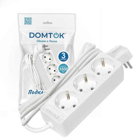 Удлинитель 3х3м с заземл. 16А IP20 3.5кВт ПВС 3х1 бел. DOMTOK 2391 Удлинитель 3х3м с заземл. 16А IP20 3.5кВт ПВС 3х1 бел. DOMTOK 2391