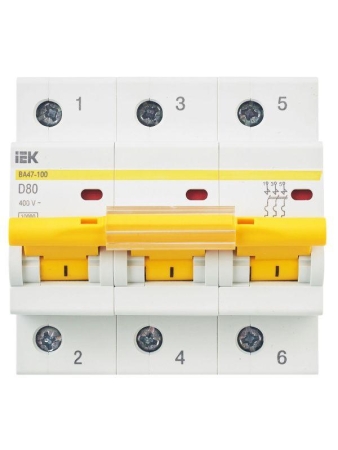 Выключатель автоматический модульный 3п D 80А 10кА ВА47-100 KARAT IEK MVA40-3-080-D Выключатель автоматический модульный 3п D 80А 10кА ВА47-100 KARAT IEK MVA40-3-080-D