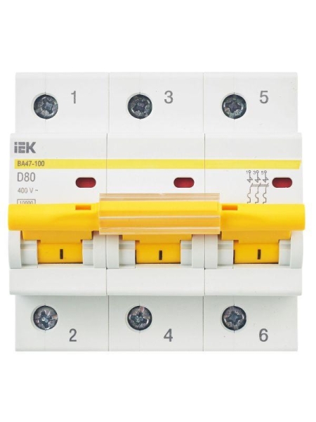 Выключатель автоматический модульный 3п D 80А 10кА ВА47-100 KARAT IEK MVA40-3-080-D Выключатель автоматический модульный 3п D 80А 10кА ВА47-100 KARAT IEK MVA40-3-080-D