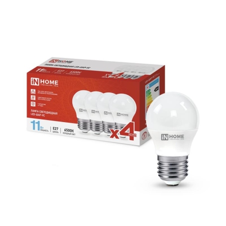 Лампа светодиодная LED-ШАР-VC 4PACK 11Вт 230В E27 6500К 1050лм (уп.4шт) IN HOME 4690612047898 Лампа светодиодная LED-ШАР-VC 4PACK 11Вт 230В E27 6500К 1050лм (уп.4шт) IN HOME 4690612047898