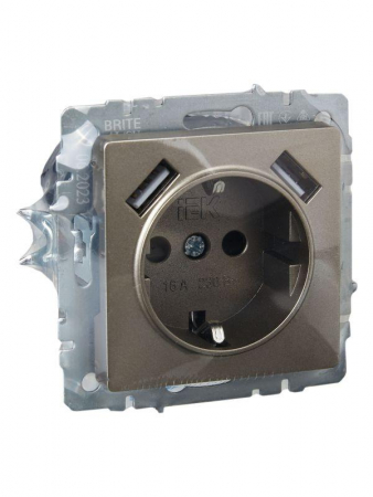 Розетка BRITE РЮш10-2-БрШ 16А с USB A+A 3.1А с заземл. защ. шторки механизм шампань IEK BR-R14-16-U21-D31-K37
