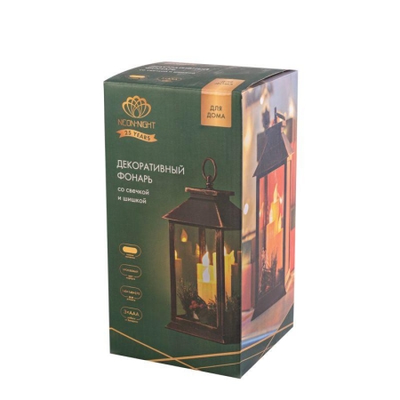 Фонарь декоративный 14х14х27см тепл. бел. со свечкой и шишкой корпус бронз. Neon-Night 513-048