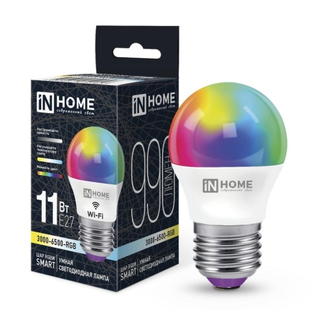 Лампа светодиодная LED-ШАР-RGBW-SMART 11Вт 3000-6500К E27 990лм 230В димм. IN HOME 4690612050058 Лампа светодиодная LED-ШАР-RGBW-SMART 11Вт 3000-6500К E27 990лм 230В димм. IN HOME 4690612050058