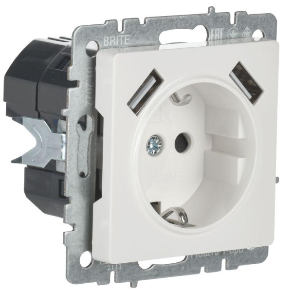 Розетка BRITE РЮш10-1-БрБ 16А с USB A+A 2.1А с заземл. защ. шторки механизм бел. IEK BR-R14-16-U21-D21-K01
