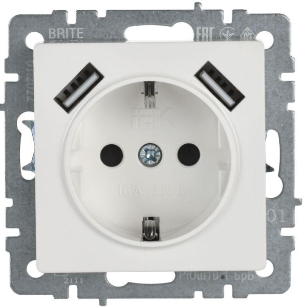 Розетка BRITE РЮш10-1-БрБ 16А с USB A+A 2.1А с заземл. защ. шторки механизм бел. IEK BR-R14-16-U21-D21-K01