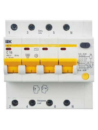 Выключатель автоматический дифференциального тока 4п C 16А 30мА тип AC 4.5кА АД-14 KARAT IEK MAD10-4-016-C-030