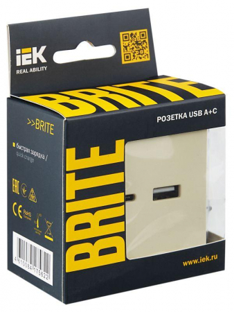 Розетка BRITE USB A+C 18Вт РЮ11-1-БрКр механизм беж. IEK BR-U22-018-K10 Розетка BRITE USB A+C 18Вт РЮ11-1-БрКр механизм беж. IEK BR-U22-018-K10