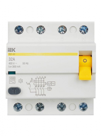 Выключатель дифференциального тока (УЗО) 4п 32А 300мА тип AC ВД1-63 KARAT IEK MDV10-4-032-300 Выключатель дифференциального тока (УЗО) 4п 32А 300мА тип AC ВД1-63 KARAT IEK MDV10-4-032-300
