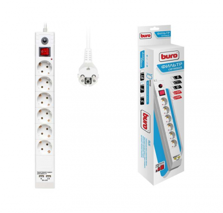 Удлинитель с сетевым фильтром 6х3м с заземл. 10А IP20 BU-SP3_USB_2A-W 2.2кВт CCA бел. BURO 992311 Удлинитель с сетевым фильтром 6х3м с заземл. 10А IP20 BU-SP3_USB_2A-W 2.2кВт CCA бел. BURO 992311
