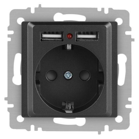 Розетка 1-м СП Accent 6-410-07 16А IP20 250В P+E Schuko + 2хUSB защ. шторки графит Intro Б0063702 Розетка 1-м СП Accent 6-410-07 16А IP20 250В P+E Schuko + 2хUSB защ. шторки графит Intro Б0063702