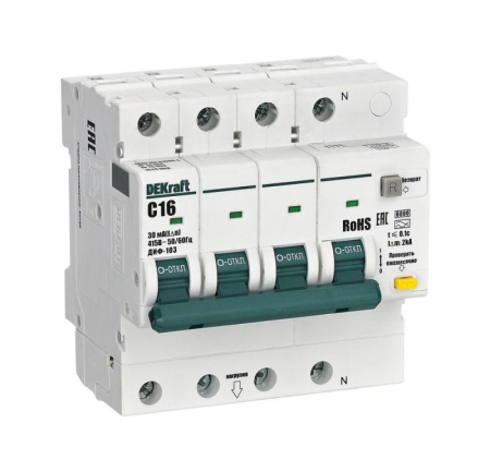 Выключатель автоматический дифференциального тока (АВДТ) 3P+N 16А 30мА AC х-ка C ДИФ-103 6кА DEKraft 16401DEK Выключатель автоматический дифференциального тока (АВДТ) 3P+N 16А 30мА AC х-ка C ДИФ-103 6кА DEKraft 16401DEK