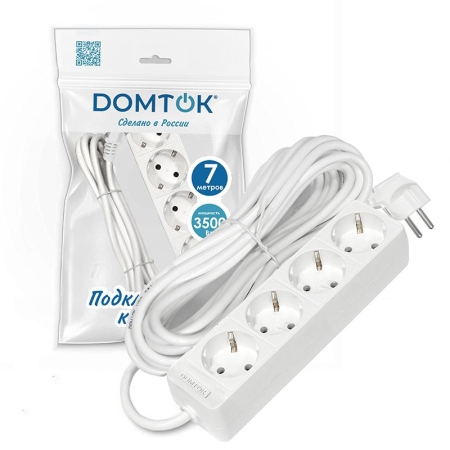 Удлинитель 4х7м с заземл. 16А IP20 3.5кВт ПВС 3х1 бел. DOMTOK 2398 Удлинитель 4х7м с заземл. 16А IP20 3.5кВт ПВС 3х1 бел. DOMTOK 2398