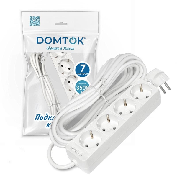 Удлинитель 4х7м с заземл. 16А IP20 3.5кВт ПВС 3х1 бел. DOMTOK 2398 Удлинитель 4х7м с заземл. 16А IP20 3.5кВт ПВС 3х1 бел. DOMTOK 2398