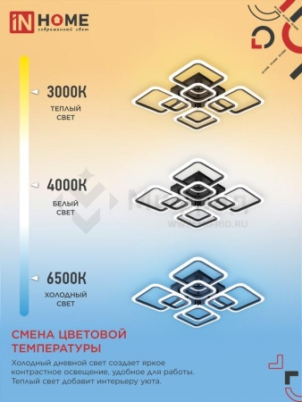 Светильник светодиодный ELEGANT ARIS-120В 120Вт 3000-4000-6500К 8400лм 230В 590х590х130мм с пультом ДУ IN HOME 4690612035437