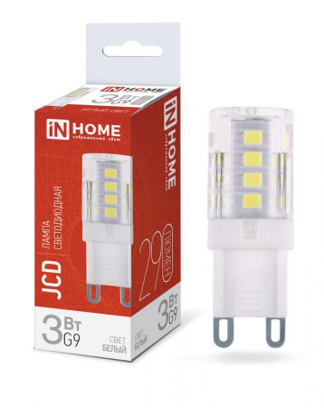 Лампа светодиодная LED-JCD 3Вт капсульная прозрачная 4000К нейтр. бел. G9 290лм 230В IN HOME 4690612036267 Лампа светодиодная LED-JCD 3Вт капсульная прозрачная 4000К нейтр. бел. G9 290лм 230В IN HOME 4690612036267