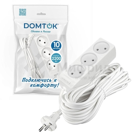 Удлинитель 3х10м без заземл. 10А IP20 2.2кВт ПВС 2х1 бел. DOMTOK 2350