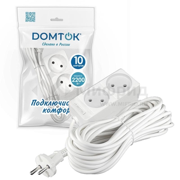 Удлинитель 2х10м без заземл. 10А IP20 2.2кВт ПВС 2х1 бел. DOMTOK 2345