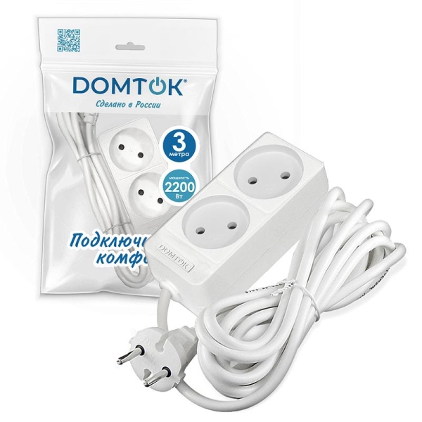 Удлинитель 2х3м без заземл. 10А IP20 2.2кВт ПВС 2х1 бел. DOMTOK 2346 Удлинитель 2х3м без заземл. 10А IP20 2.2кВт ПВС 2х1 бел. DOMTOK 2346