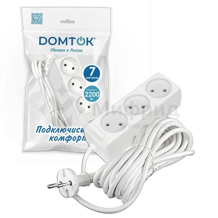 Удлинитель 3х7м без заземл. 10А IP20 2.2кВт ПВС 2х1 бел. DOMTOK 2353