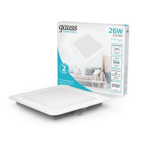 Светильник светодиодный Elementary Downlight 26Вт 4000К 2250лм 170-260В IP20 220х26 квадрат монтаж бел. GAUSS 998520224 Светильник светодиодный Elementary Downlight 26Вт 4000К 2250лм 170-260В IP20 220х26 квадрат монтаж бел. GAUSS 998520224