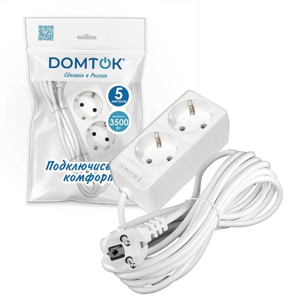 Удлинитель 2х5м с заземл. 16А IP20 3.5кВт ПВС 3х1 бел. DOMTOK 2387 Удлинитель 2х5м с заземл. 16А IP20 3.5кВт ПВС 3х1 бел. DOMTOK 2387