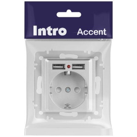 Розетка 1-м СП Accent 6-410-03 16А IP20 250В P+E Schuko + 2хUSB защ. шторки алюм. Intro Б0063694 Розетка 1-м СП Accent 6-410-03 16А IP20 250В P+E Schuko + 2хUSB защ. шторки алюм. Intro Б0063694