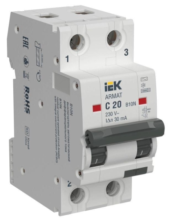 Выключатель автоматический дифференциального тока 2п C 20А 30мА тип AC АВДТ B10N ARMAT IEK AR-B10N-2-C020C030 Выключатель автоматический дифференциального тока 2п C 20А 30мА тип AC АВДТ B10N ARMAT IEK AR-B10N-2-C020C030