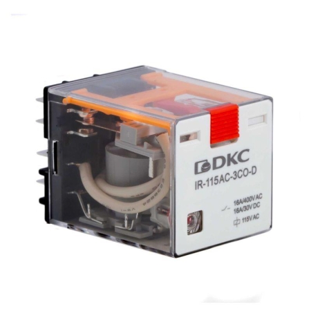 Реле миниатюрное силовое 3CO ком. ток 16А AgSnO2 напряжение 115В AC опция: тест-кнопка+светодиод DKC IR-115AC-3CO-D
