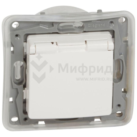 Розетка 1-м СП Etika 16А IP44 250В 2P+E с заземл. защ. шторки с крышкой немецк. стандарт безвинтов. клеммы механизм бел. Leg 672232