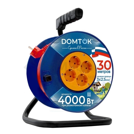 Удлинитель на катушке 4х30м с заземл. 16А IP20 4кВт ПВС 3х2.5 DOMTOK 2462