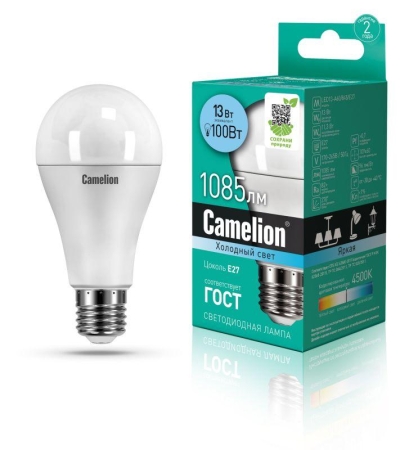 Лампа светодиодная LED13-A60/845/E27 13Вт грушевидная матовая 4500К бел. E27 1085лм 170-265В Camelion 12046 Лампа светодиодная LED13-A60/845/E27 13Вт грушевидная матовая 4500К бел. E27 1085лм 170-265В Camelion 12046