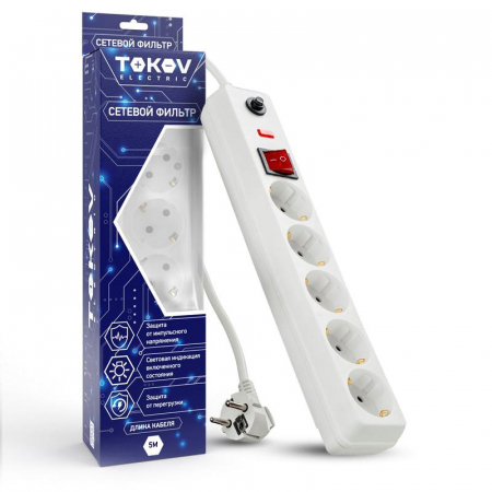 Удлинитель с сетевым фильтром 5х5м с заземл. с выкл. 16А с защ. от скачков напр. и перегрузок 3х1 бел. TOKOV ELECTRIC TKE-C01-SF5-5-ZV Удлинитель с сетевым фильтром 5х5м с заземл. с выкл. 16А с защ. от скачков напр. и перегрузок 3х1 бел. TOKOV ELECTRIC TKE-C01-SF5-5-ZV
