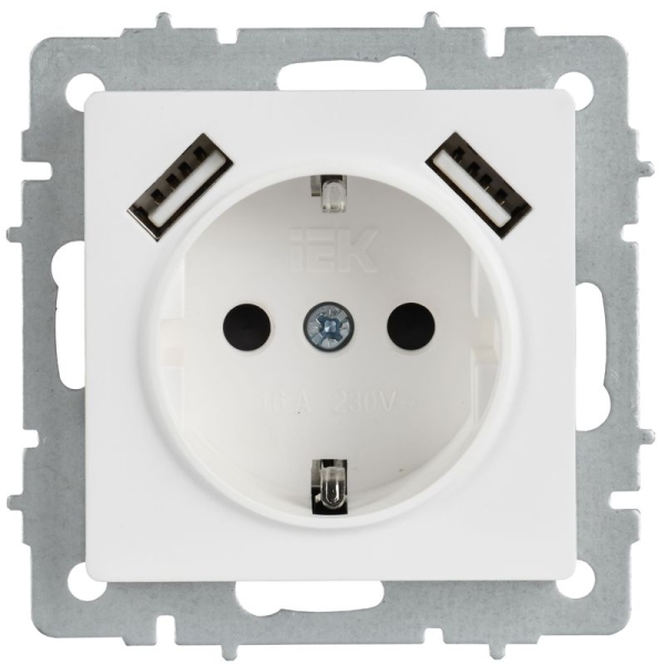 Розетка BRITE РЮш10-1-БрАБ 16А с USB A+A 2.1А с заземл. защ. шторки механизм арктич. бел. IEK BR-R14-16-U21-D21-K91
