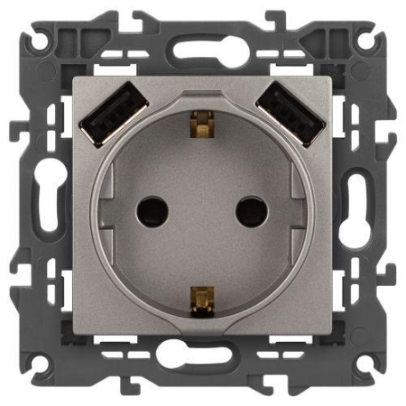 Розетка Elegance 14-4109-16 16A 250В 2P+E защ. штор. с 2xUSB 3А 5В титан Эра Б0065775