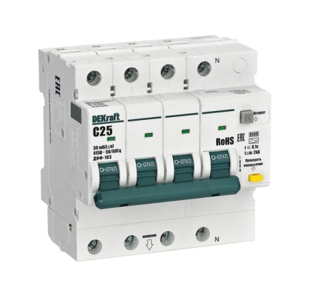 Выключатель автоматический дифференциального тока (АВДТ) 3P+N C 25А 30мА AC ДИФ-103 6кА DEKraft 16403DEK Выключатель автоматический дифференциального тока (АВДТ) 3P+N C 25А 30мА AC ДИФ-103 6кА DEKraft 16403DEK