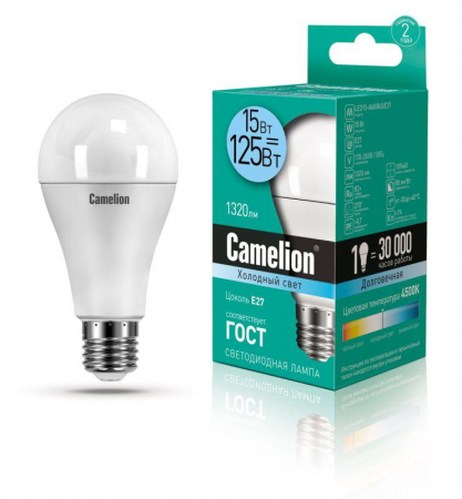 Лампа светодиодная LED15-A60/845/E27 15Вт грушевидная 4500К E27 1320лм 220В бел. Camelion 12186 Лампа светодиодная LED15-A60/845/E27 15Вт грушевидная 4500К E27 1320лм 220В бел. Camelion 12186