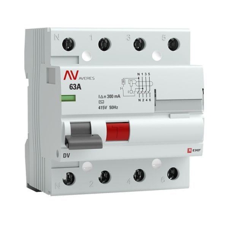 Выключатель дифференциального тока (УЗО) 4п 63А 300мА тип AC DV AVERES EKF rccb-4-63-300-ac-av Выключатель дифференциального тока (УЗО) 4п 63А 300мА тип AC DV AVERES EKF rccb-4-63-300-ac-av