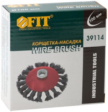 Корщетка-колесо с наклоном гайка М14 стальная витая проволока 100мм FIT 39114 Корщетка-колесо с наклоном гайка М14 стальная витая проволока 100мм FIT 39114