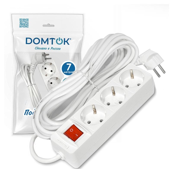 Удлинитель 3х7м с заземл. 16А IP20 3.5кВт ПВС 3х1 с выкл. бел. DOMTOK 2383 Удлинитель 3х7м с заземл. 16А IP20 3.5кВт ПВС 3х1 с выкл. бел. DOMTOK 2383