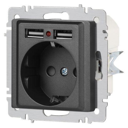 Розетка 1-м СП Accent 6-410-07 16А IP20 250В P+E Schuko + 2хUSB защ. шторки графит Intro Б0063702 Розетка 1-м СП Accent 6-410-07 16А IP20 250В P+E Schuko + 2хUSB защ. шторки графит Intro Б0063702