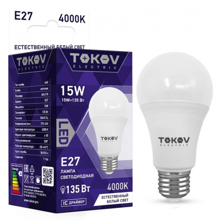 Лампа светодиодная 15Вт А60 4000К Е27 176-264В TOKOV ELECTRIC TKE-A60-E27-15-4K Лампа светодиодная 15Вт А60 4000К Е27 176-264В TOKOV ELECTRIC TKE-A60-E27-15-4K