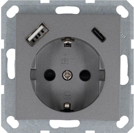 Розетка Shuko 16А с заземл. защ. шторки с 2-мя заряд. устройствами USB тип A+C 25Вт механизм алюм. Jasmart G5501USB-25S Розетка Shuko 16А с заземл. защ. шторки с 2-мя заряд. устройствами USB тип A+C 25Вт механизм алюм. Jasmart G5501USB-25S