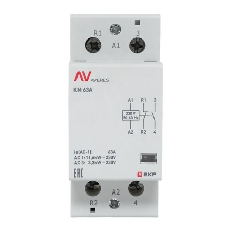 Контактор модульный КМ 63А 1NC+1NO 230В AC (2 мод.) AVERES EKF km-av-2-63-11-230V Контактор модульный КМ 63А 1NC+1NO 230В AC (2 мод.) AVERES EKF km-av-2-63-11-230V
