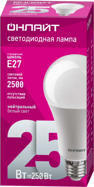Лампа светодиодная 61 954 OLL-A60-25-230-4K-E27 25Вт грушевидная 4000К нейтр. бел. E27 2500лм 176-264В ОНЛАЙТ 61954