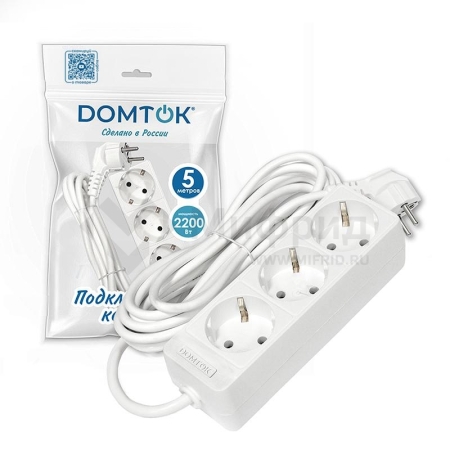 Удлинитель 3х5м с заземл. 10А IP20 2.2кВт ПВС 3х0.75 бел. DOMTOK 2376
