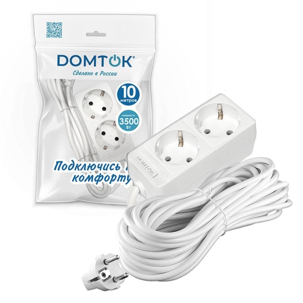 Удлинитель 2х10м с заземл. 16А IP20 3.5кВт ПВС 3х1 бел. DOMTOK 2385 Удлинитель 2х10м с заземл. 16А IP20 3.5кВт ПВС 3х1 бел. DOMTOK 2385
