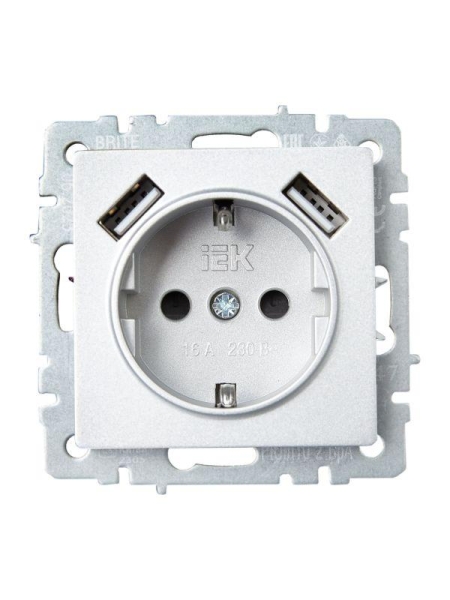 Розетка BRITE РЮш10-2-БрА 16А с USB A+A 3.1А с заземл. защ. шторки механизм алюм. IEK BR-R14-16-U21-D31-K47