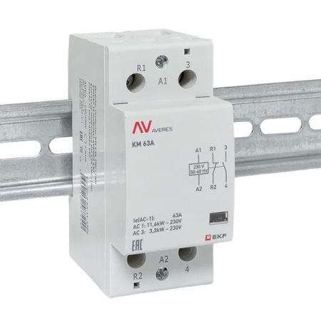 Контактор модульный КМ 63А 1NC+1NO 230В AC (2 мод.) AVERES EKF km-av-2-63-11-230V Контактор модульный КМ 63А 1NC+1NO 230В AC (2 мод.) AVERES EKF km-av-2-63-11-230V