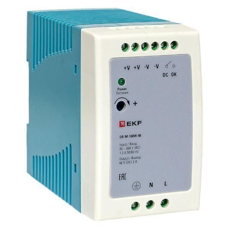 Блок питания на DIN-рейку 100Вт Uвх ~ 220В AC m Uвых - 48В DC постоянного тока EKF DR-M-100W-48 Блок питания на DIN-рейку 100Вт Uвх ~ 220В AC m Uвых - 48В DC постоянного тока EKF DR-M-100W-48