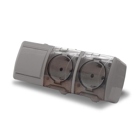 Блок ОП Клио 1-кл. выкл. 10А + розетка 2-м 16А 250В с заземл. с прозр. крышкой сер. Universal К2238-Gr